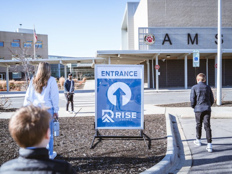 Rise Church entrance at Asheville Middle School walking in